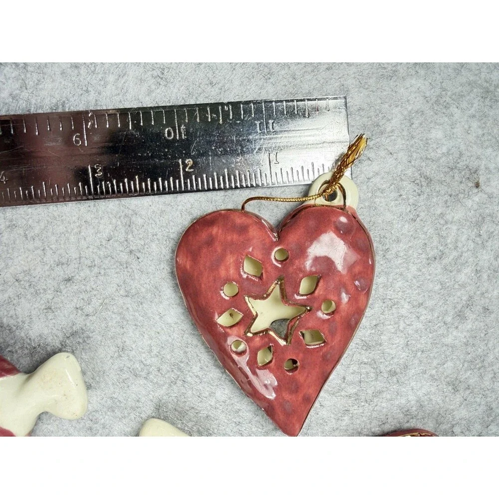 Vintage Ceramic Christmas Ornaments Set 4 Peppermint Candy Hearts Hand Painted
